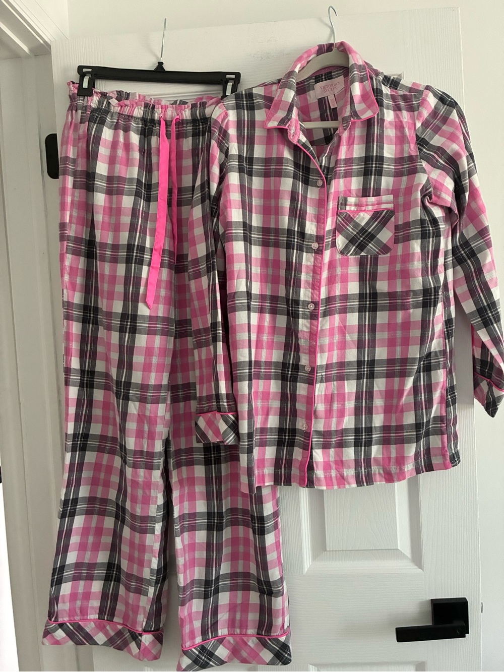 Victoria's Secret Pajama Set Pink White Black Plaid Button Top Pant Cotton Small